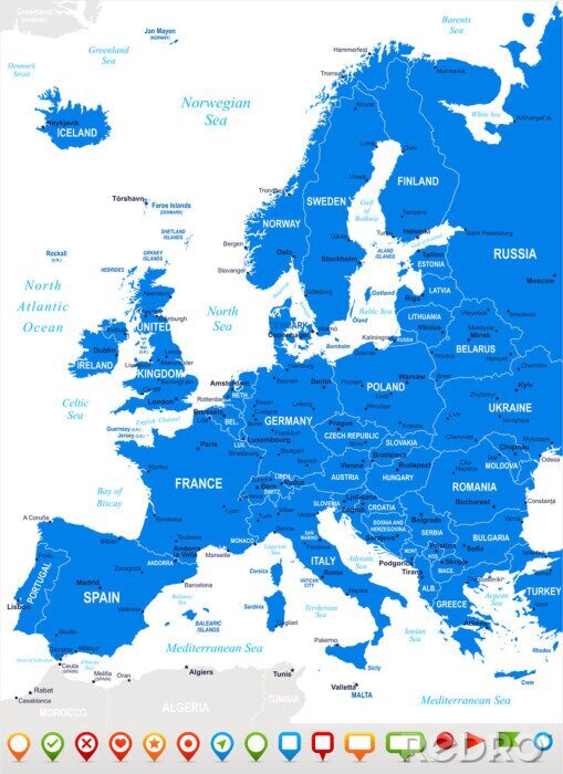 Canvas Europa - Kaart en navigatie icons.Highly gedetailleerde vector illustration.Image bevat de volgende lagen: land contouren, land en land namen, stad, namen water object, navigatie iconen.