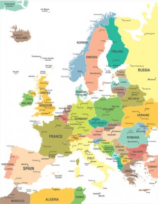 Canvas Europa kaart - Zeer gedetailleerde vector illustratie.