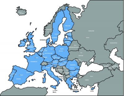 Canvas Europakarte EU-niet-EU mit Hauptstädten und Ländernamen, Vector