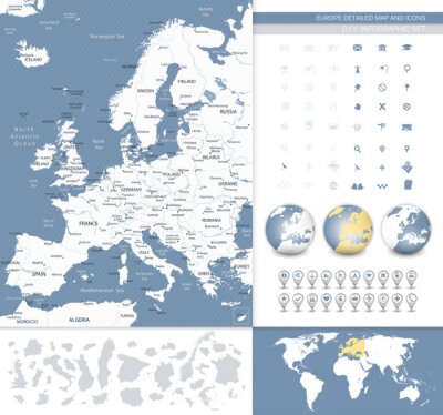 Europe detailed map and icons
