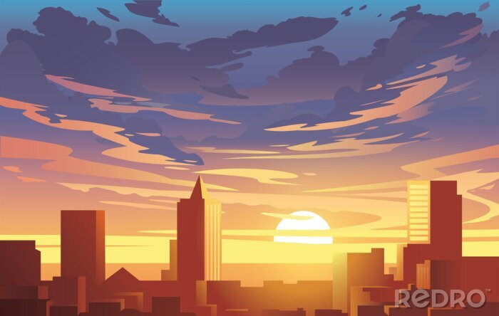 Canvas Evening city panorama, vector, sunset. Flat anime style