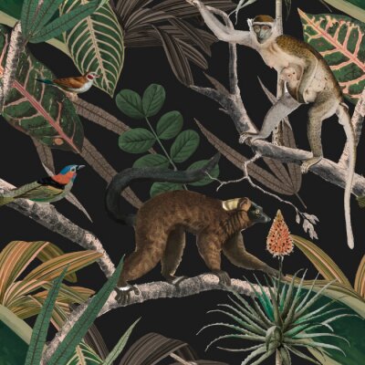Canvas Exotisch patroon met aapjes tussen tropische vegetatie