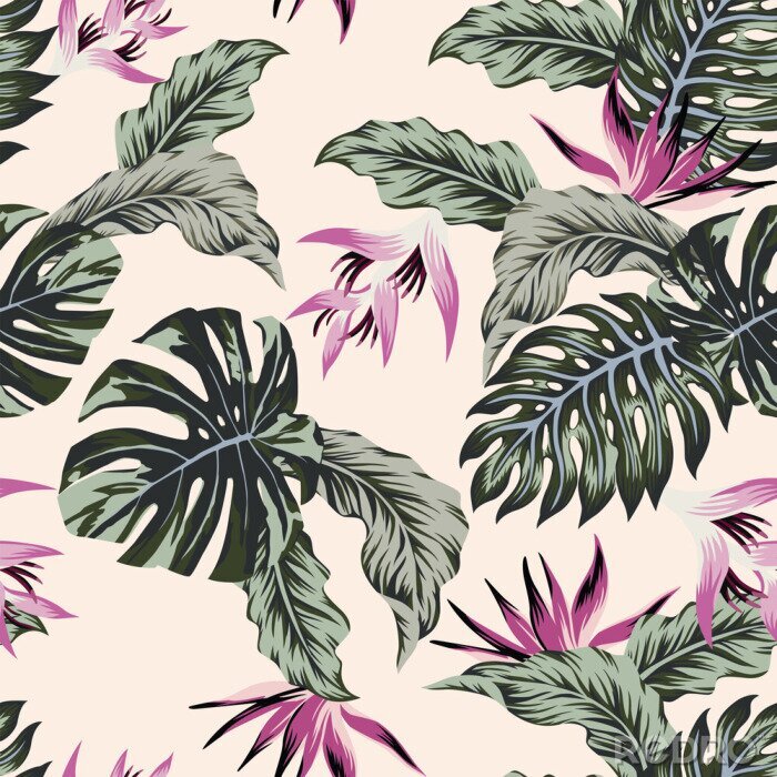 Canvas Exotische bladeren met roze bloeiwijze