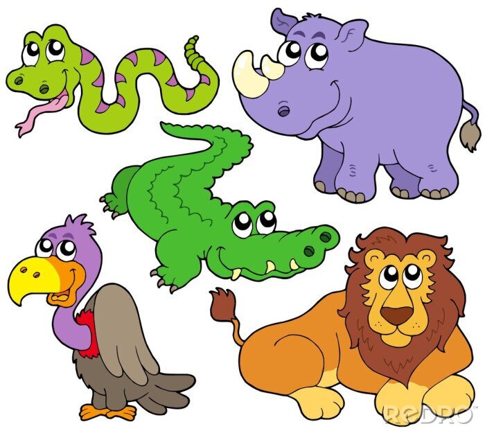 Canvas Exotische dieren in levendige cartoonkleuren