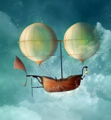 Canvas Fantasy steampunk vessel flies in a blue sky - 3D illustration
