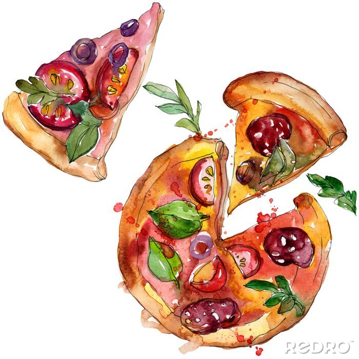 Canvas Fast food itallian pizza in a watercolor style set. Aquarelle food illustration for background. Isolated pizza element.