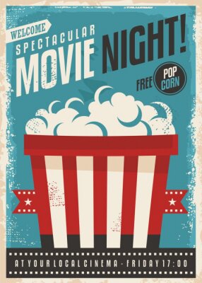 Canvas Film cinema nacht retro poster ontwerp. Popcorn grafisch met film strip entertainment brochure sjabloon.