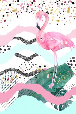 Canvas Flamingo en kleurrijke strepen
