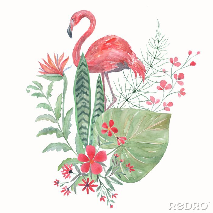 Canvas Flamingo met exotische bladeren