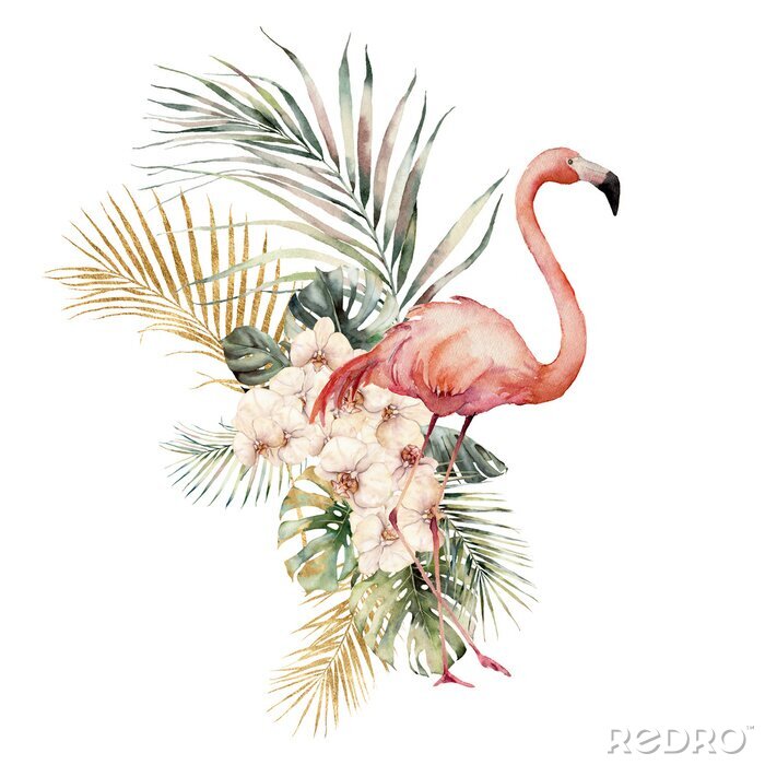 Canvas Flamingo omgeven door tropische planten