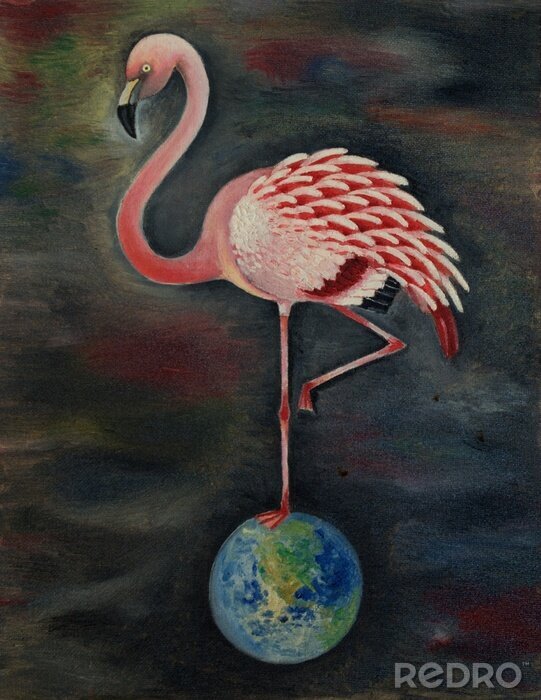Canvas Flamingo op de wereldbol