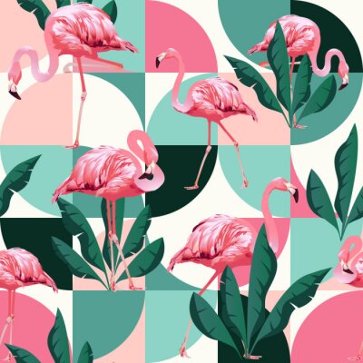 Flamingo's en bladeren op een achtergrond met geometrische vormen