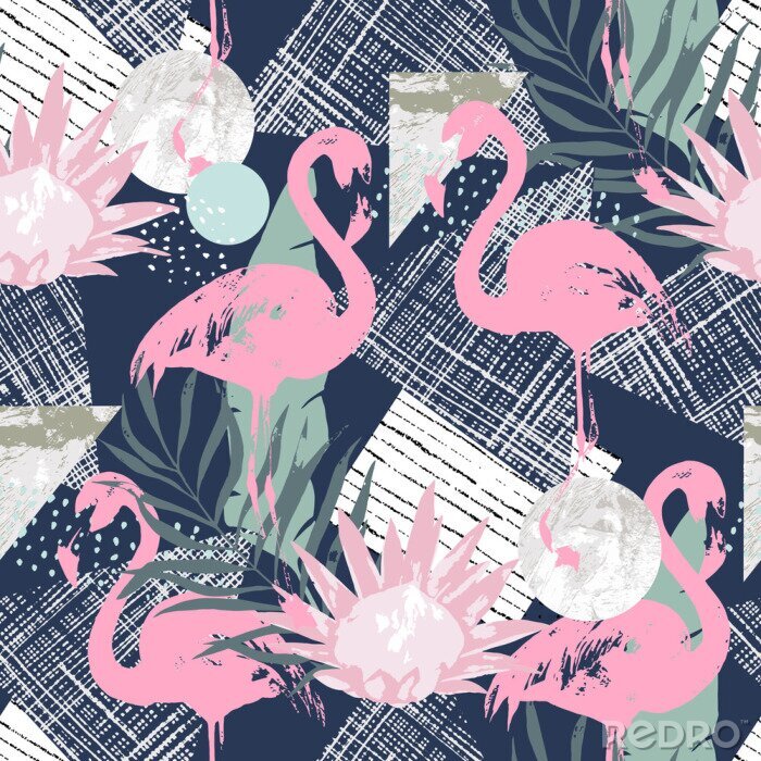 Canvas Flamingo's en bloemenmotief
