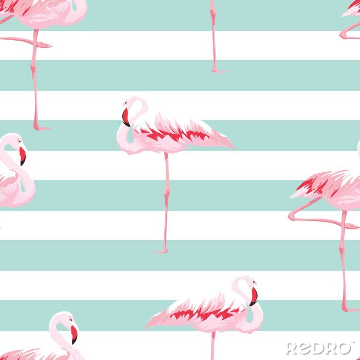 Canvas Flamingo's en witte en groene horizontale strepen
