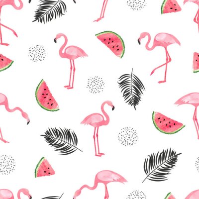 Flamingo's tussen watermeloenen en bladeren