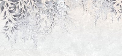 Floral background for wallpaper, watercolor violet, can be used as poster. Botanical art. Mural. Leaves on marble.	