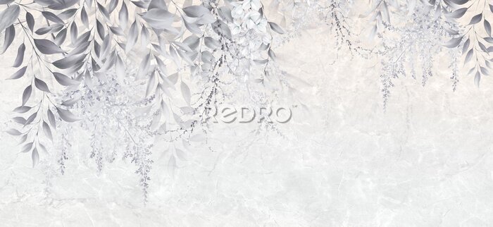 Canvas Floral background for wallpaper, watercolor violet, can be used as poster. Botanical art. Mural. Leaves on marble.	