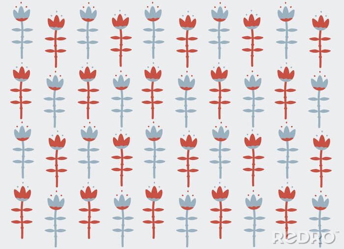 Canvas Floral background Scandinavian style with red and  blue flower lily, tulip. Nordic Ornament for design, fabric, textile, wrapping paper, wallpaper