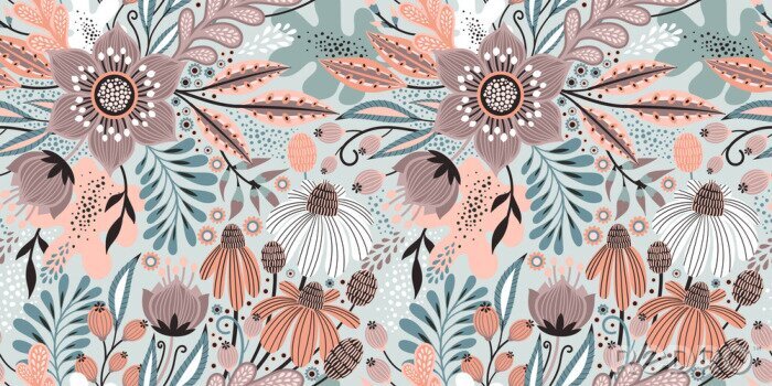 Canvas Floral seamless pattern on white. Abstract vector background with flowers and leaves. Natural bright design. Scandinavian style.