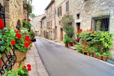 Flower lined medieval street in Assisi, Italy