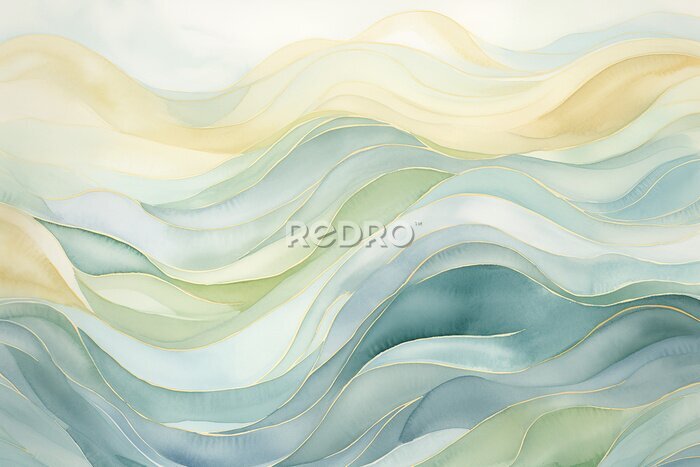 Canvas Fluid and harmonious boho watercolor wave design, seamless tessellation for continuous tiling, a soothing blend of soft blues, greens, earthy browns, and warm yellows, capturing the essence of gentle 