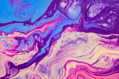 Canvas Fluid art texture. Abstract backdrop with iridescent paint effect. Liquid acrylic artwork with flows and splashes. Mixed paints for website background. Purple, pink, blue and white overflowing colors
