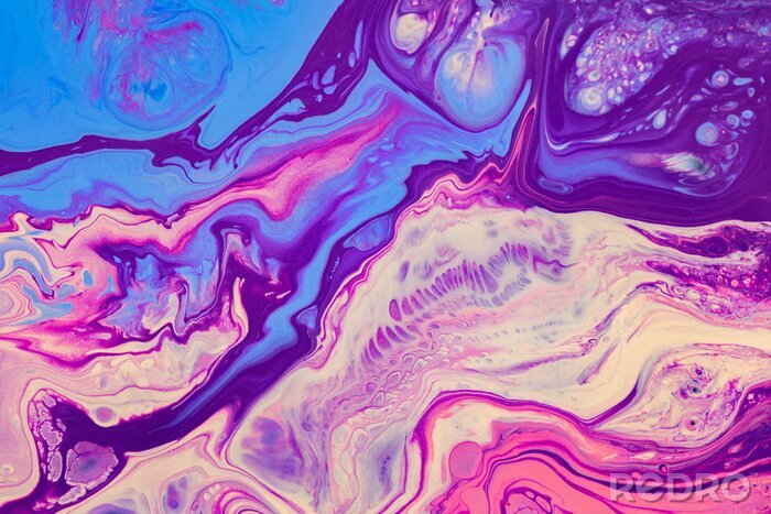 Canvas Fluid art texture. Abstract backdrop with iridescent paint effect. Liquid acrylic artwork with flows and splashes. Mixed paints for website background. Purple, pink, blue and white overflowing colors