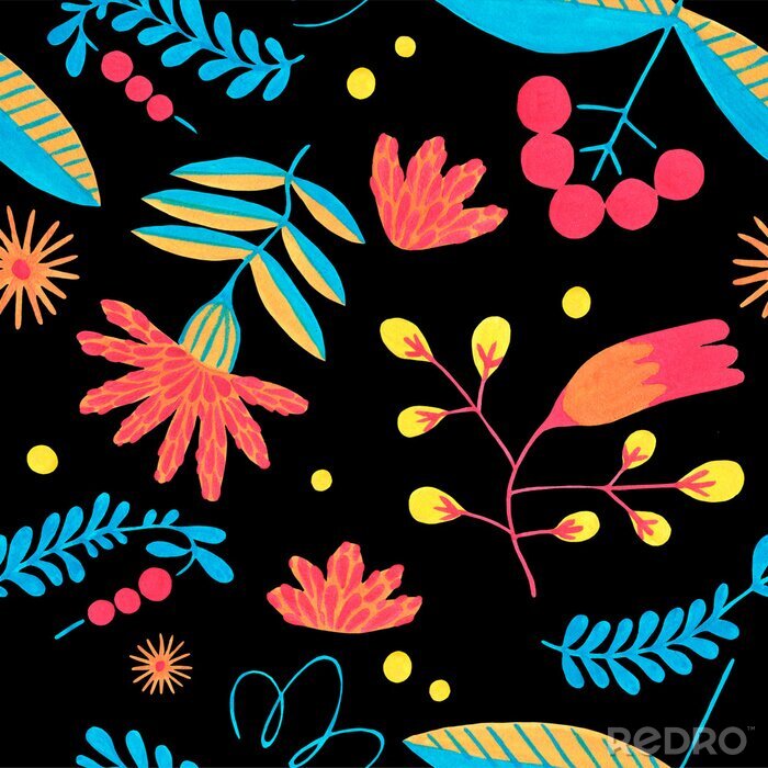 Canvas Folk seamless pattern in minimal floral style with gouache flower elements on black background. Bright herbal pattern for scrapbooking, wrapping paper, textile, fabric or ditsy print.