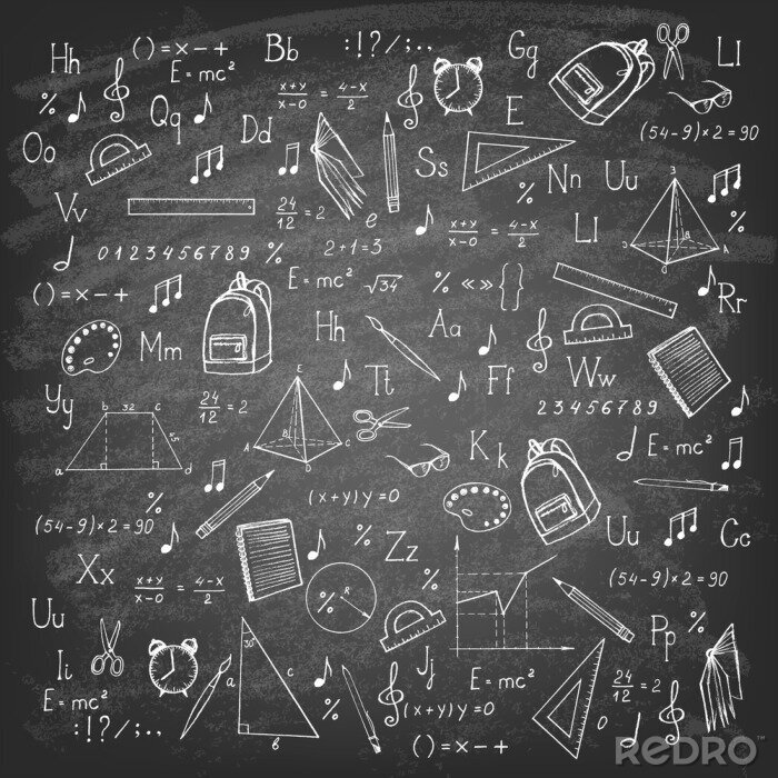 Canvas Freehand drawing school items on blackboard. Vector illustration. 