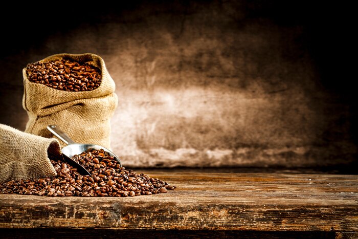 Canvas Fresh old sack of coffee grains and brown old wall background 