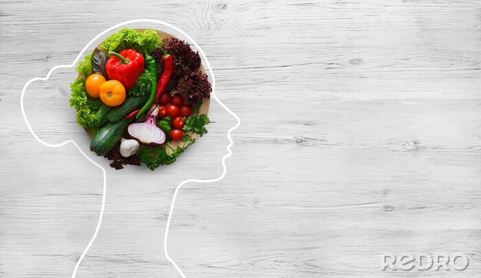 Canvas Fresh vegetables in woman head symbolizing health nutrition