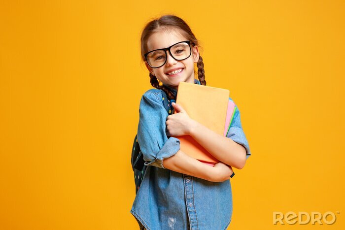 Canvas funny child school girl girl on yellow background    .