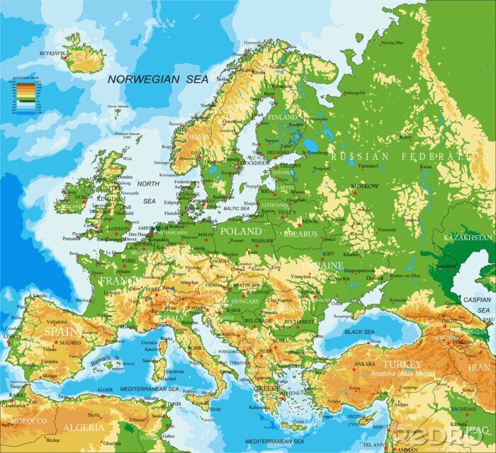 Canvas Fysieke kaart van Europa