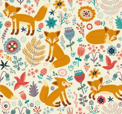 Geïllustreerde vosjes vogels en kleurrijke bloemen