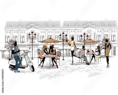 Fotobehang Geïllustreerde weergave van een straatcafé met mensen