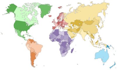 Gekleurde continenten op wereldkaart