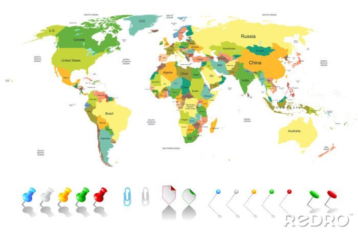 Canvas Gekleurde wereldkaart met geel Rusland