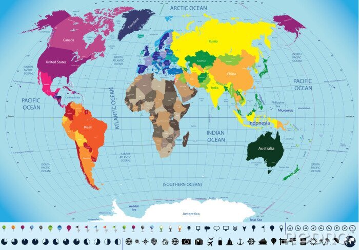 Canvas Gekleurde wereldkaart met wereldbol