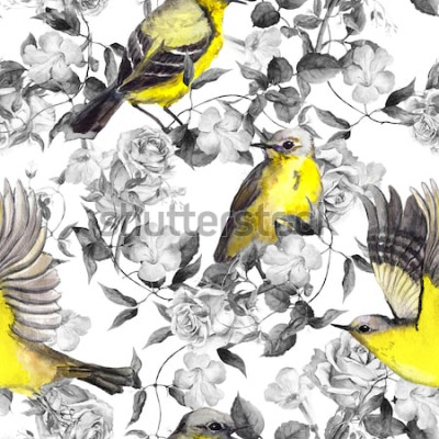 Canvas Gele vogel en zwart-witte bloemen