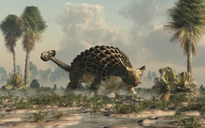 Canvas Gepantserde plantenetende dinosaurus op een drassige vlakte