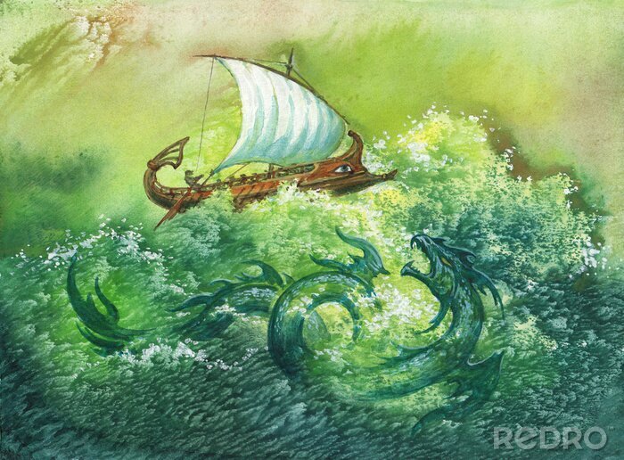Canvas Geschilderde zeilboot met groen water