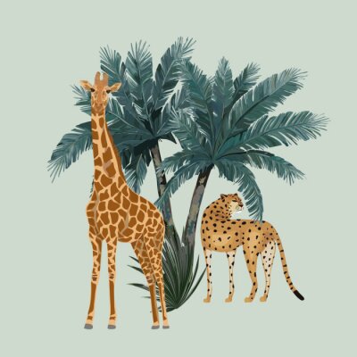 Canvas Giraf en palmbomen