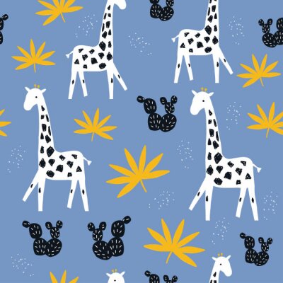 Giraffen en tropische bladeren op een blauwe achtergrond
