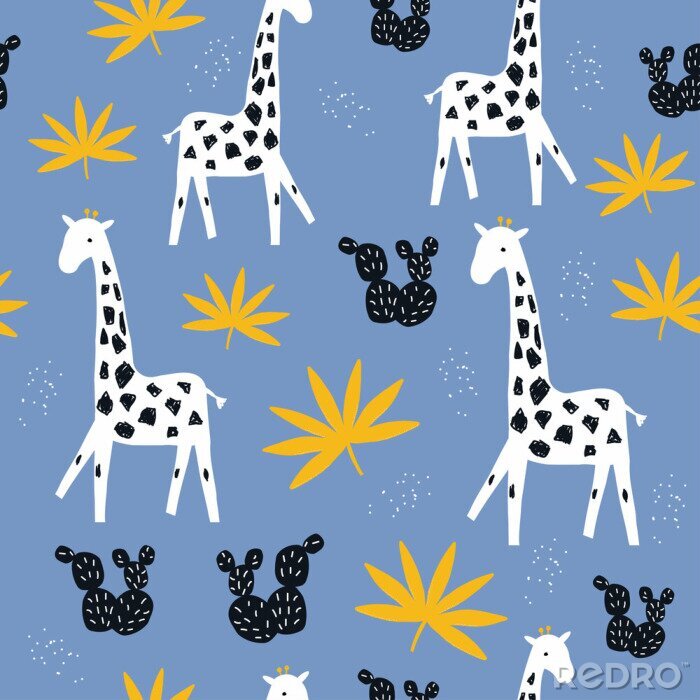 Canvas Giraffen en tropische bladeren op een blauwe achtergrond