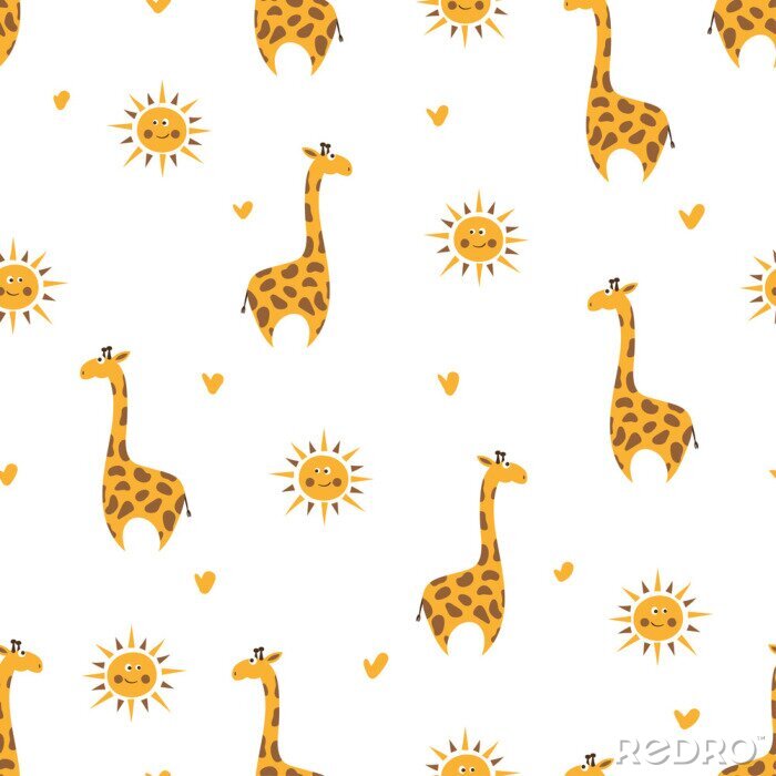 Canvas Giraffen en zon onder harten