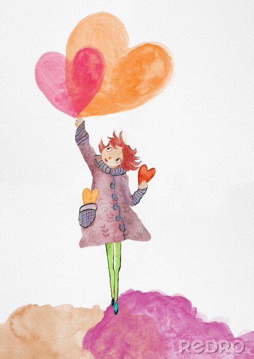 Canvas Girl and hearts. Watercolor igreeting card. Love concept.
