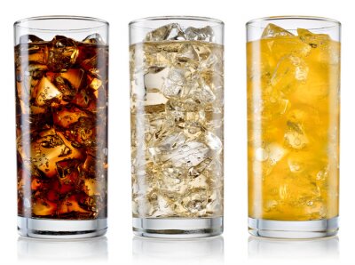 Canvas Glass of cola, fanta, sprite with ice cubes isolated on white. W