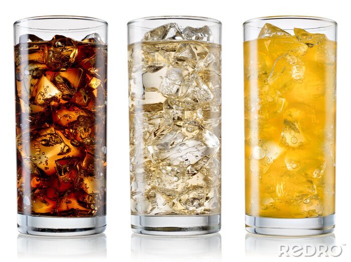 Canvas Glass of cola, fanta, sprite with ice cubes isolated on white. W
