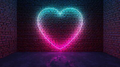 Canvas Glowing neon heart shaped like icon on brick wall in dark room