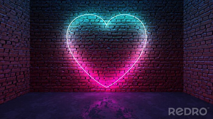 Canvas Glowing neon heart shaped like icon on brick wall in dark room